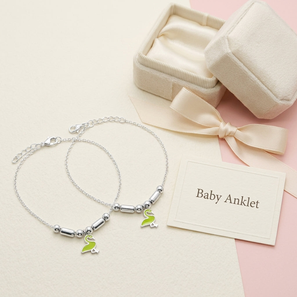 Flamingo Anklet for Kids | Green | 92.5 Pure Silver | Manaaya