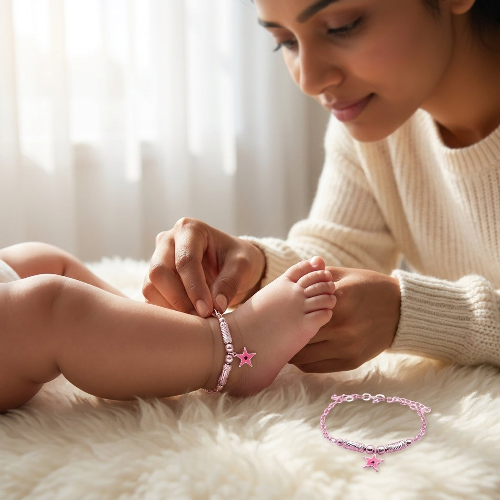 Star Anklet for Kids | Pink | 92.5 Pure Silver | Manaaya