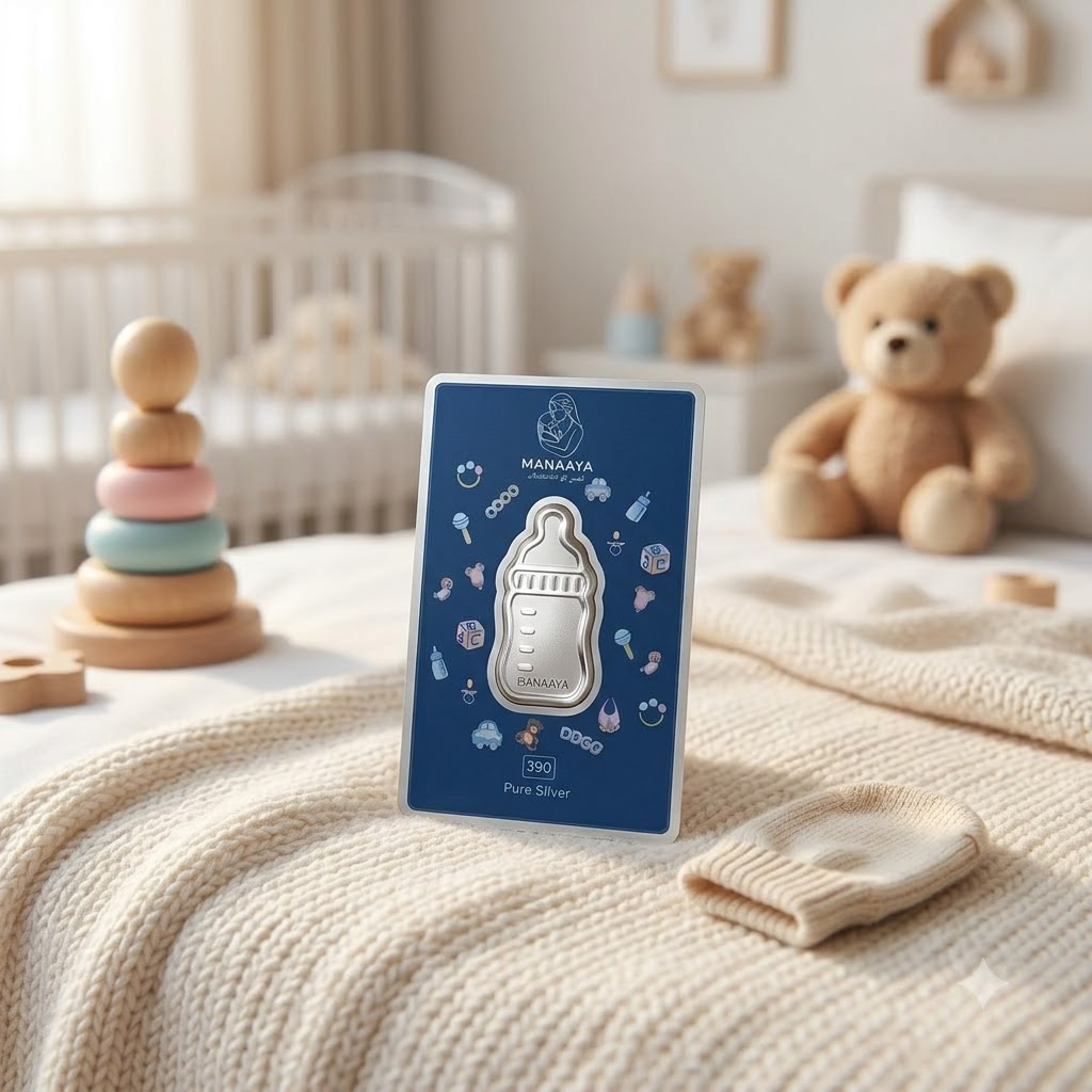 Manaaya milk bottle-shaped silver coin styled in a nursery