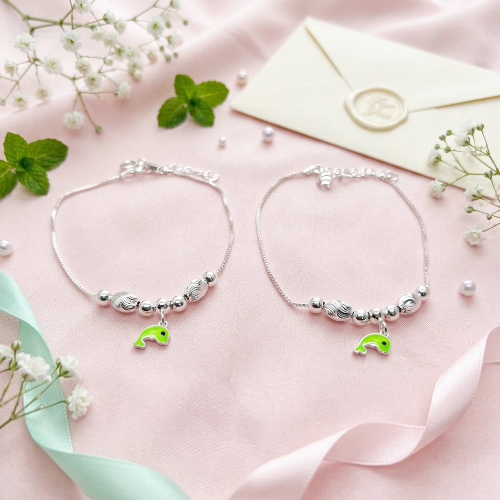 Dolphin Anklet for Kids | Green | 92.5 Pure Silver | Manaaya