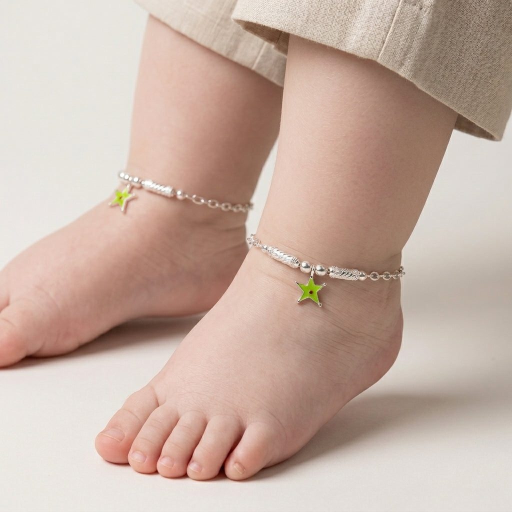 Star Anklet for Kids | Green | 92.5 Pure Silver | Manaaya
