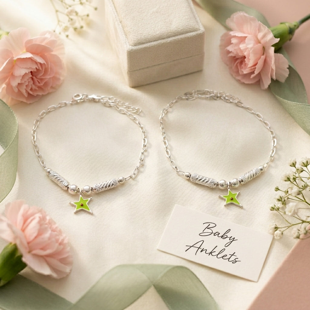 Star Anklet for Kids | Green | 92.5 Pure Silver | Manaaya