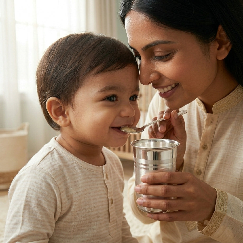92.5 Silver Baby Spoon & Glass Gift Set | Manaaya