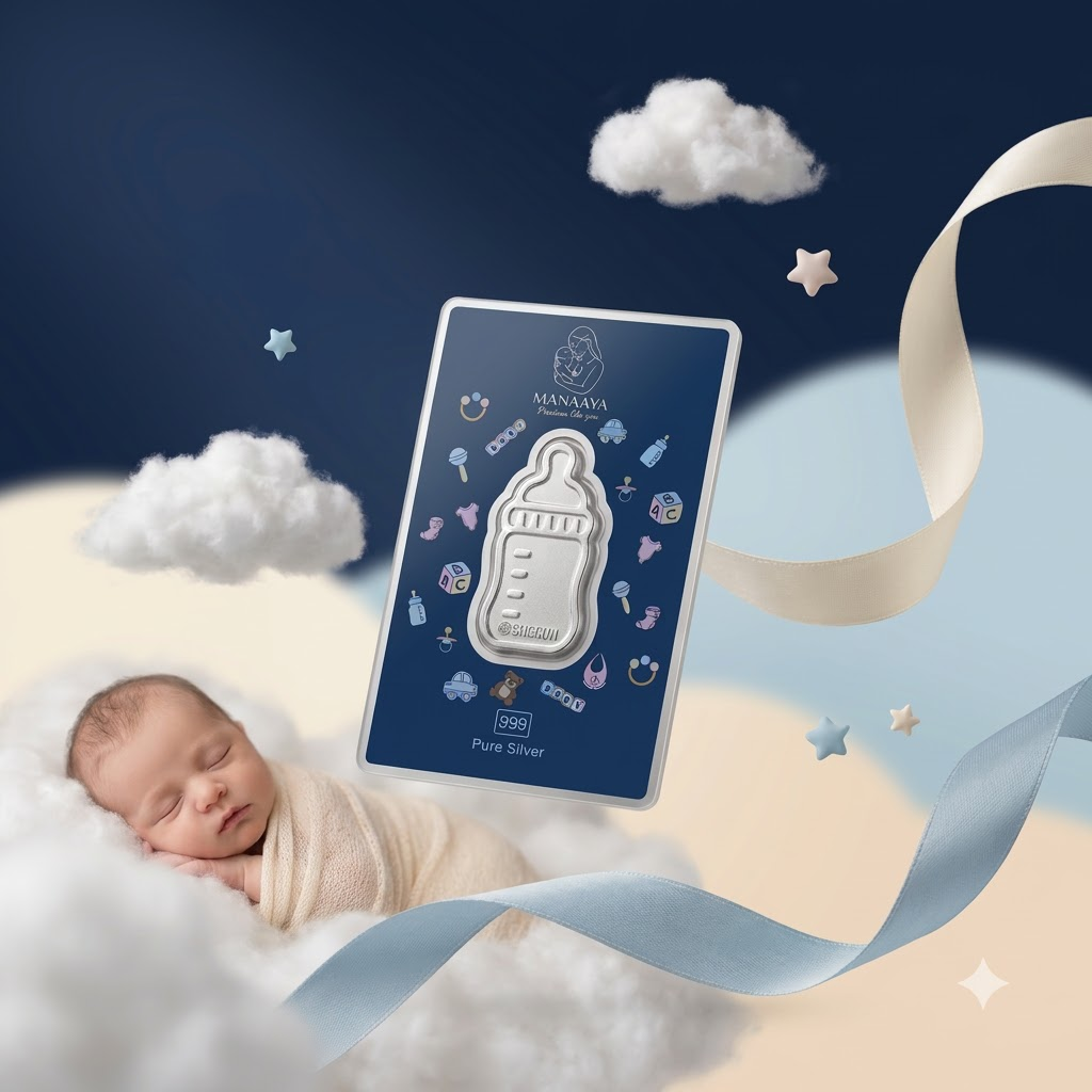 Manaaya milk bottle-shaped silver coin styled with clouds and a sleeping baby