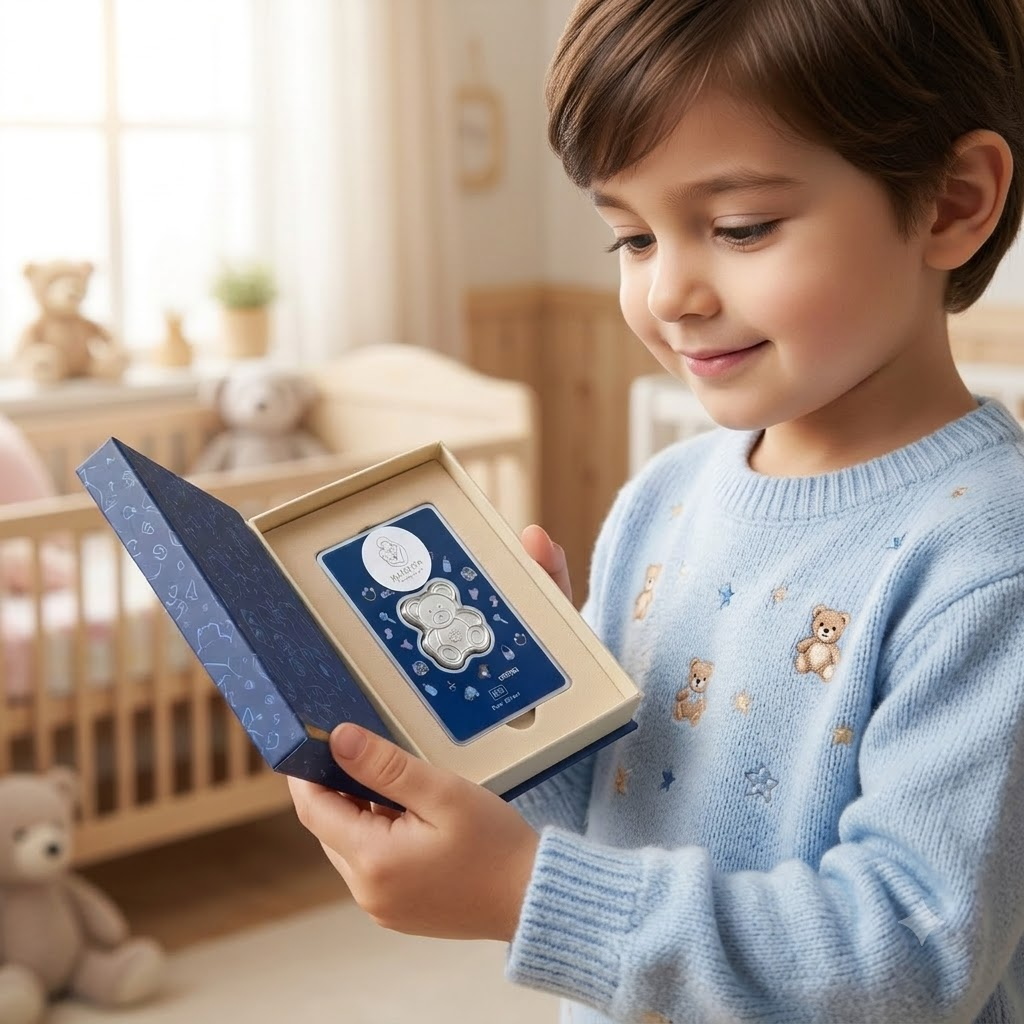 Child holding a gift box containing Manaaya teddy bear-shaped silver coin