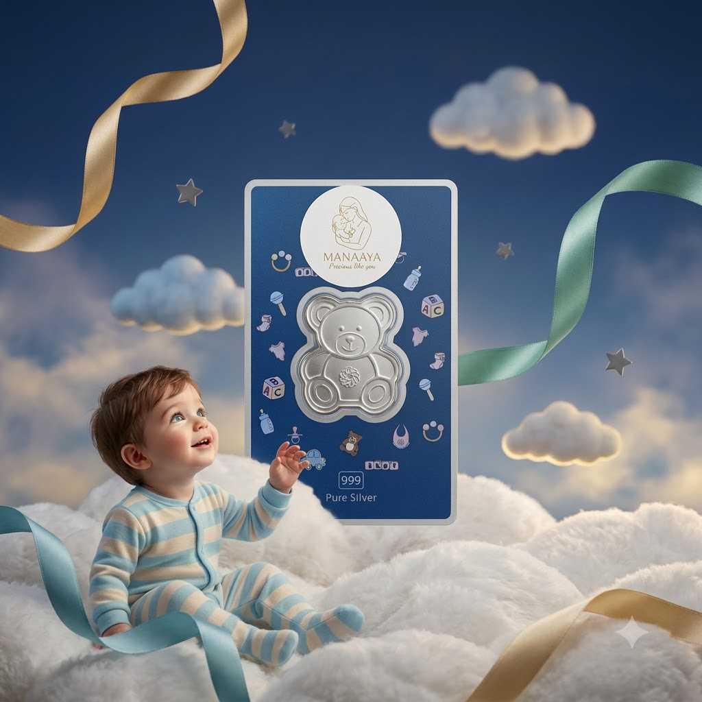 Manaaya teddy bear-shaped silver coin styled with clouds, ribbons and a child