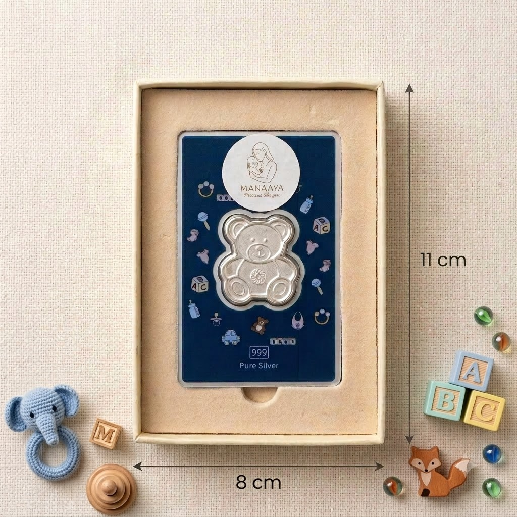 Teddy bear silver coin gift box shown with 8 cm by 11 cm box measurements