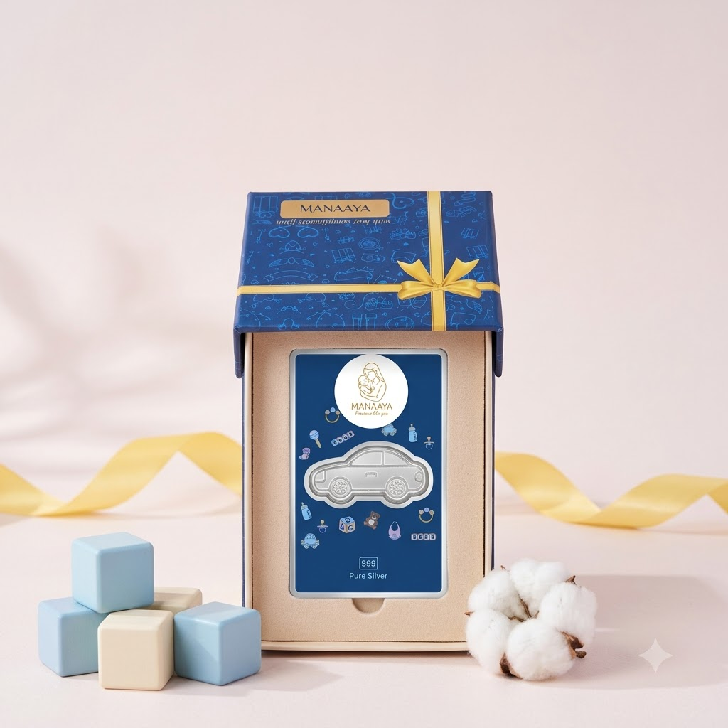Manaaya car-shaped silver coin in gift packaging with blue lid and yellow ribbon detail