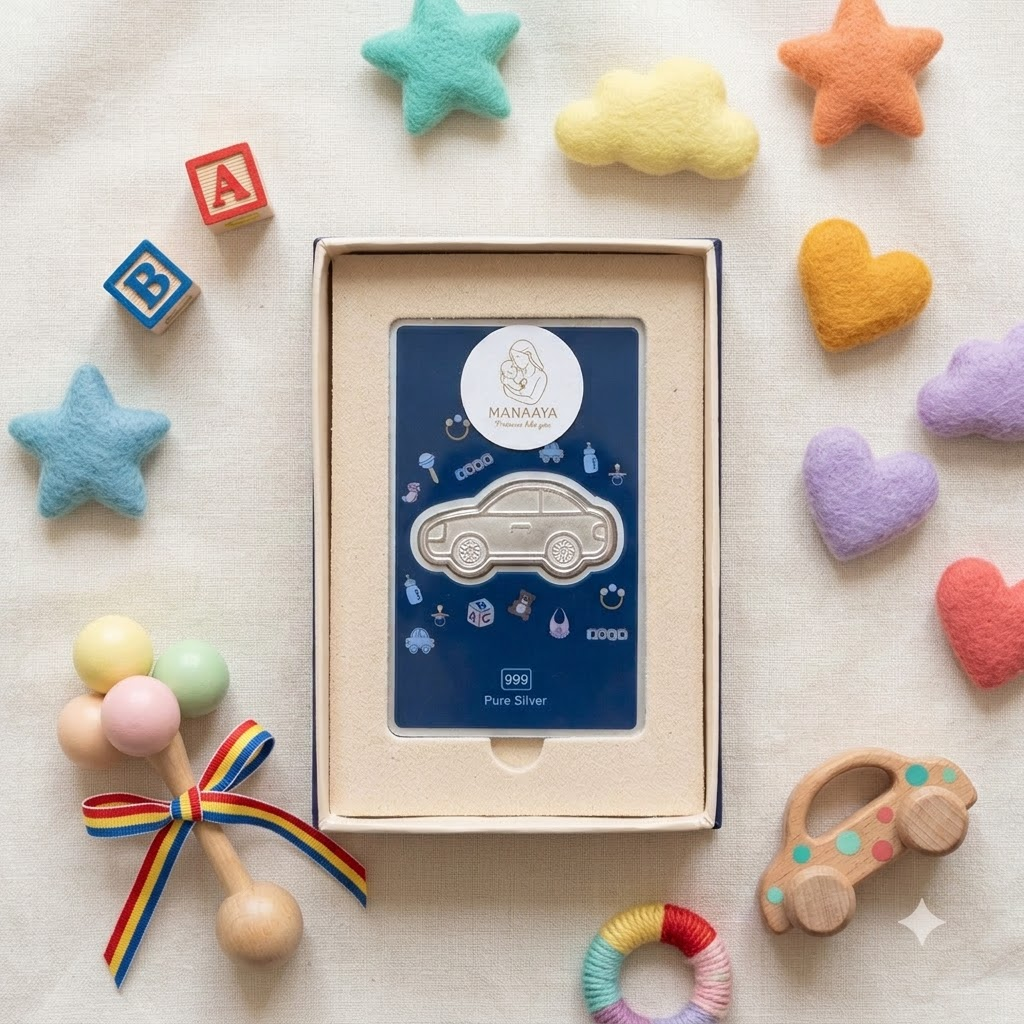 Car-shaped silver coin gift box shown with 8 cm by 11 cm box measurements